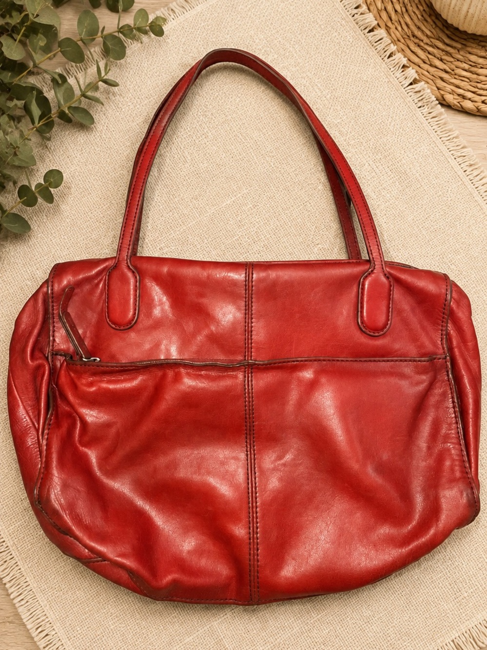❤️ HOBO The Original Red Leather Satchel Shoulder Bag Floral Lining